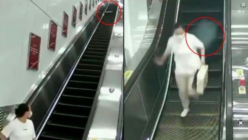 Γυναίκα στην Κίνα βλέπει με τρόμο μια βαλίτσα να πηγαίνει κατά πάνω της στις κυλιόμενες σκάλες και δεν προφταίνει να κάνει τίποτα - Βίντεο 