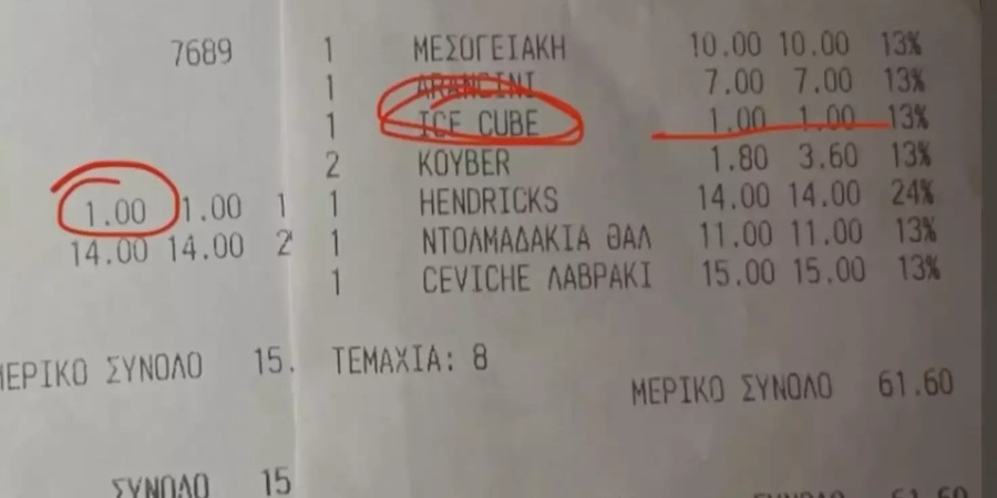 Θεσσαλονίκη: Εστιατόριο χρέωσε ένα ευρώ τον πάγο στο ποτό