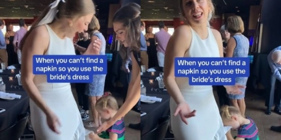 Κοριτσάκι δεν έβρισκε πετσέτα και σκουπίστηκε... με το νυφικό - Η επική αντίδραση της νύφης - Δείτε το viral βίντεο