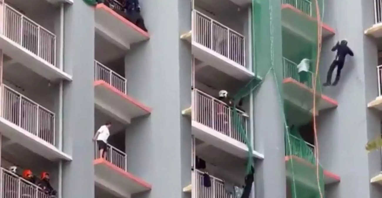 Σιγκαπούρη: Το βίντεο από την απίστευτη επιχείρηση πυροσβεστών για να σώσουν γυναίκα που ήθελε να πέσει στο κενό