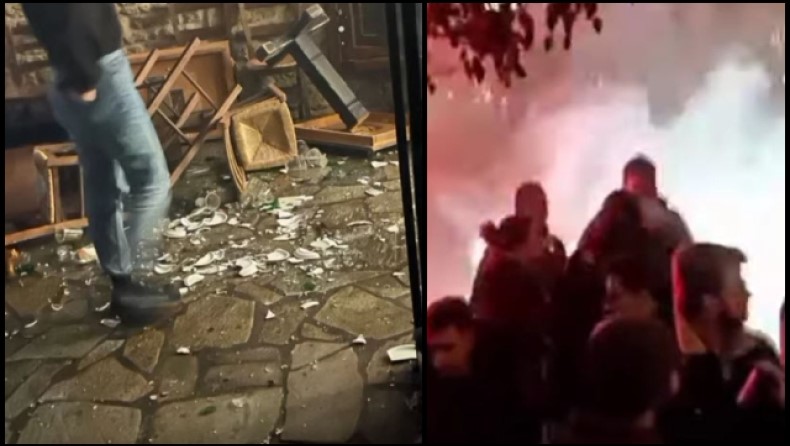«Έφευγαν» τραπέζια, πιάτα, άναψαν και καπνογόνα σε γνωστό μαγαζί στη Λάρισα - Δείτε βίντεο 