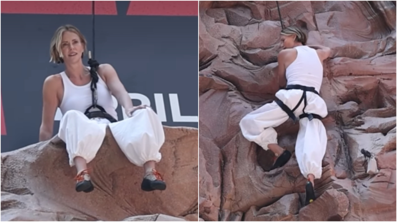 VIDEO: Η Σαρλίζ Θερόν σκαρφάλωσε σε κτίριο στην Times Square