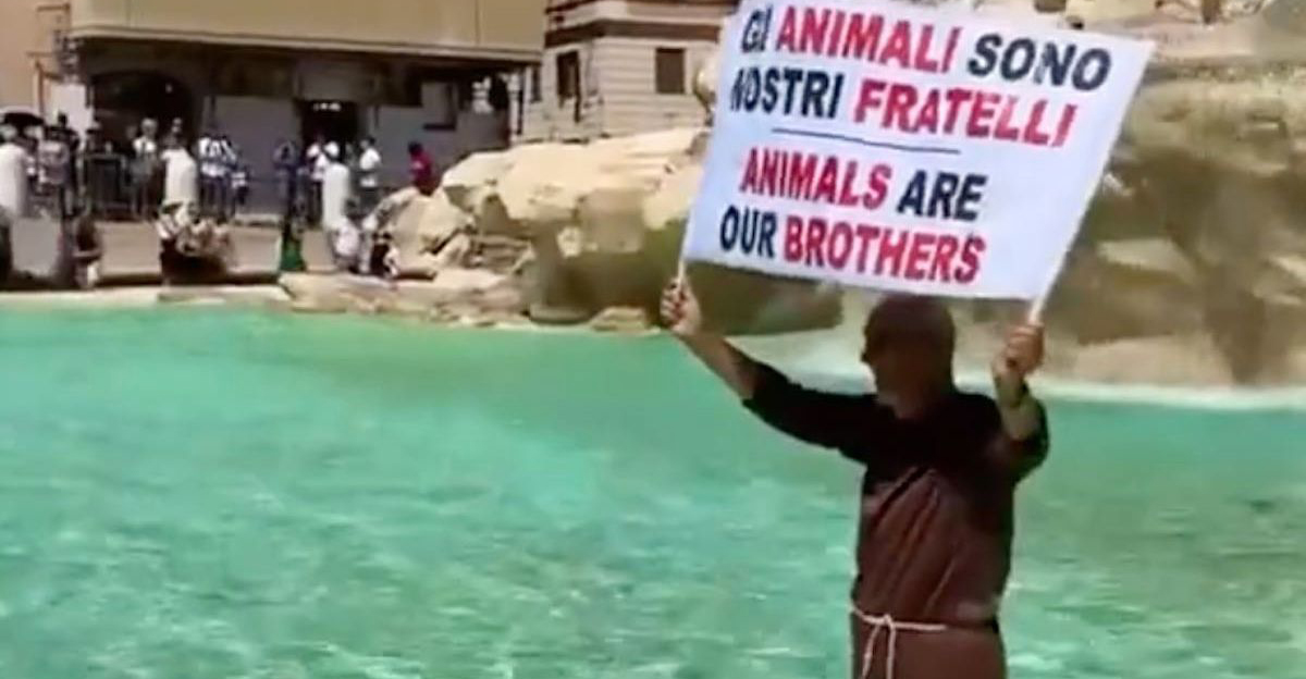 Video: Μοναχός μπήκε στην Φοντάνα ντι Τρέβι και έγινε viral - Για ποιο λόγο διαμαρτυρόταν