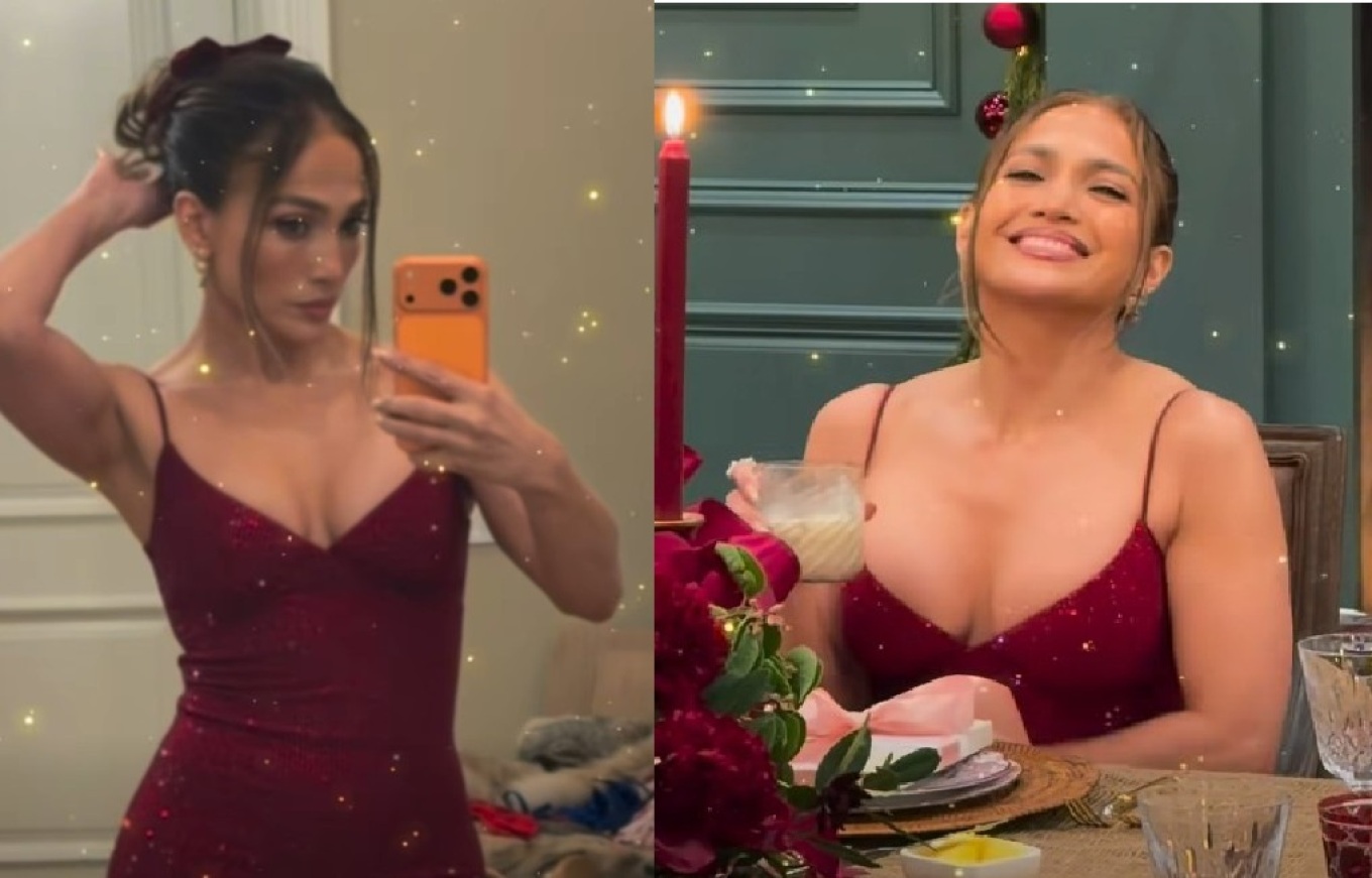 Η Τζένιφερ Λόπεζ με κόκκινο στενό φόρεμα άνοιξε το σπίτι της και ευχήθηκε Καλά Χριστούγεννα