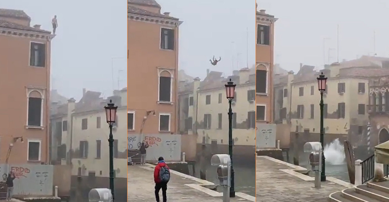 Απίστευτο βίντεο: Άντρας πήδηξε με το μποξεράκι σε κανάλι της Βενετίας από τριώροφο κτίριο