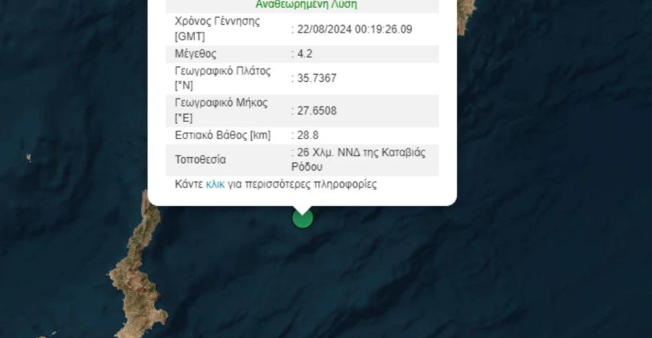 Σεισμός στον θαλάσσιο χώρο ανοιχτά της Ρόδου
