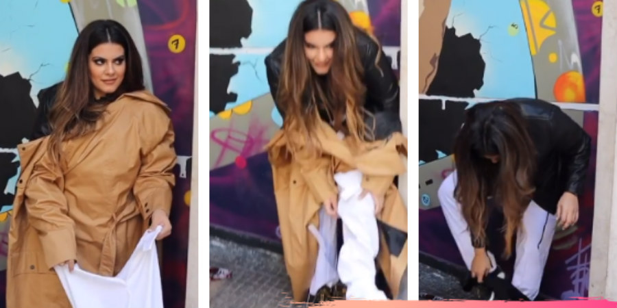 Κύπρια επώνυμη άλλαξε ρούχα στη μέση του δρόμου στο Κολωνάκι – Σκεπαζόταν μόνο με ένα παλτό – VIDEO