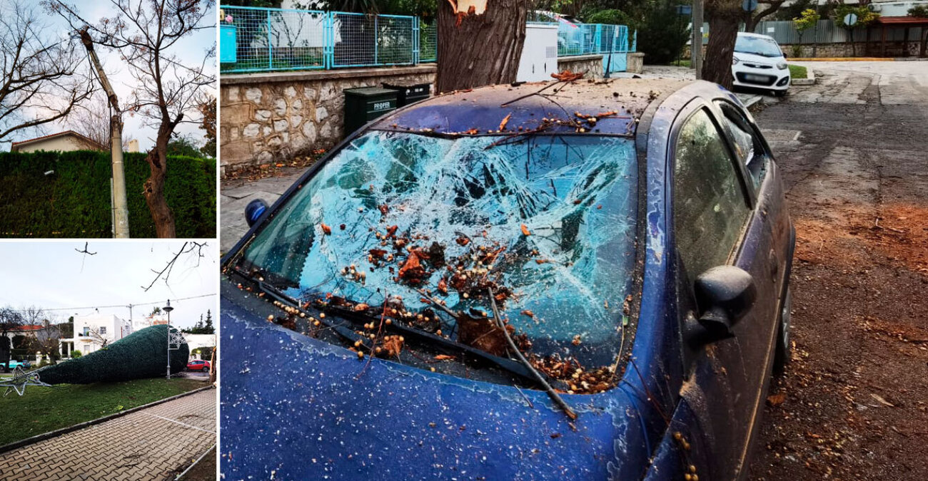Κακοκαιρία στην Ελλάδα: Κομμένα δέντρα, σπασμένες κολώνες και ζημιές σε αυτοκίνητα - Δείτε εικόνες και βίντεο