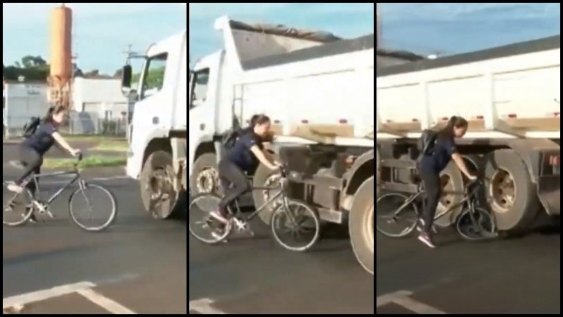 Ανυπόμονη ποδηλάτισσα γλίτωσε από το μηχανάκι, όχι όμως από το φορτηγό - ΒΙΝΤΕΟ 