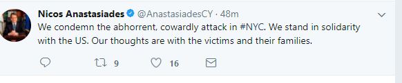 Ο Πρoέδρος Αναστασιάδης καταδικάζει την τρομοκρατική επίθεση στο Μανχάταν μέσω twitter